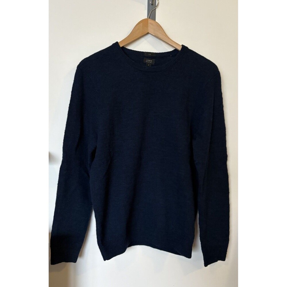 J Crew Navy Merino Wool Sued Elbow Slim Fit Men’s Crewneck Sweater Size Medium